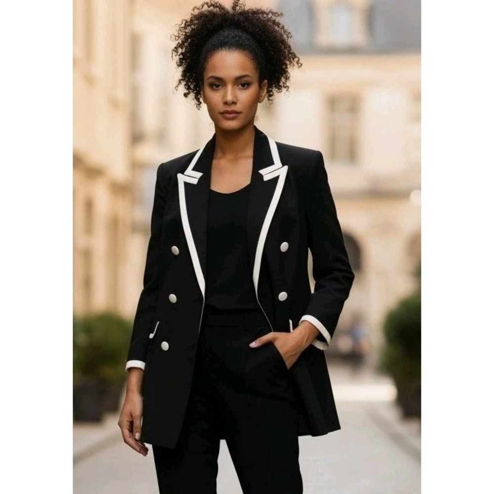 Vintage Bestini Paris Double Breasted Blazer Jacket Contrast Trim Black Size 1